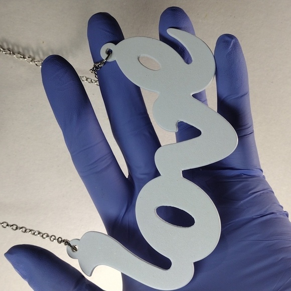 Women's Stunning Polished Silver tone White " LOVE " Design Long Necklace, 34-in - Picture 6 of 6